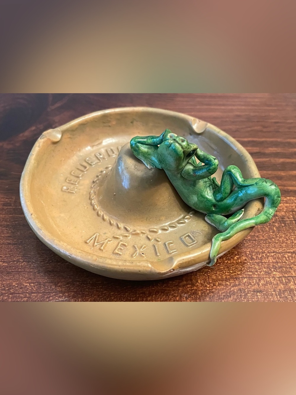 Vintage Ceramic Ashtray: “Lizard Loungin’ on Sombrero” - Cancun, Mexico (UNUSED)
